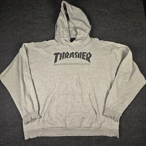 Y2K Thrasher Magazine Mens Distressed Gray Hoodie Pullover Sweatshirt Size L